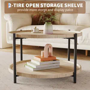 Round 2-Tier Coffee Table with Open Storage Shelf, Modern Farmhouse Living Room Center Table, Natural Oak Finish & Sturdy Metal Frame, Ideal for Small Spaces, Bedroom, or Home Office