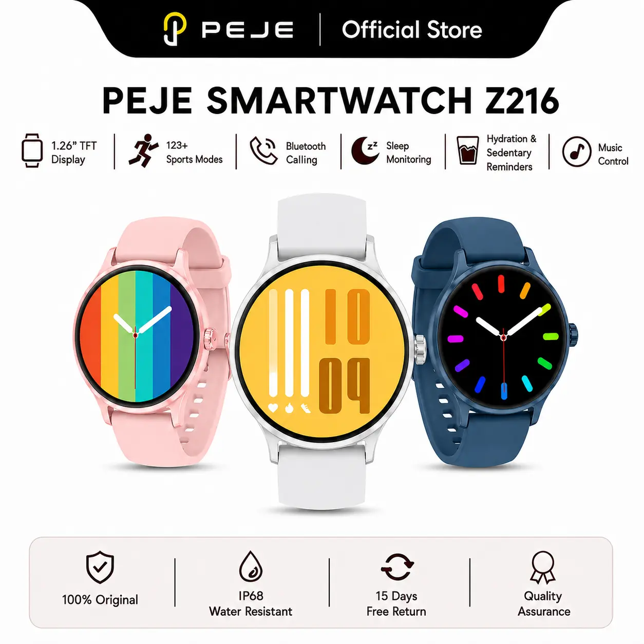 PEJE Z216 Smart Wearable Watch, 1.26" Touch Screen, Bluetooth Call, AI Voice Assistant, 123 Sports Modes, Heart Rate Monitoring, Hydration Reminder, Sleep Tracking, IP68 Water Resistant Fitness Watch for iOS & Android,work