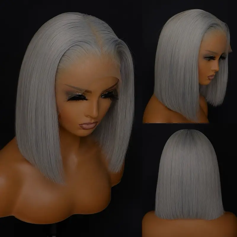 Icy Gray Lace Front Bob Wig-100% Human Hair, 13/4 HD  Lace Front 8 inches, Wigs Human Hair
