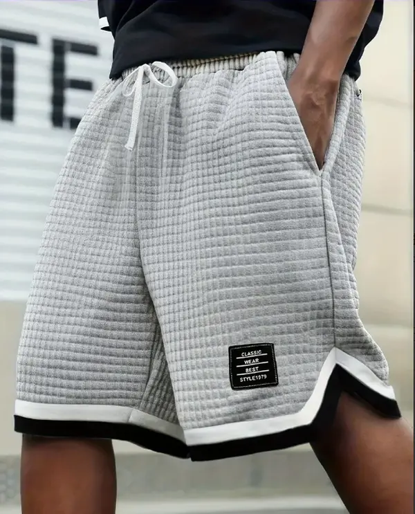 Men’s Plaid Waffle-Knit H-Type Casual Shorts - Elastic Drawstring Waist, Contrasting Trim, Mid-Rise Vintage Athletic Shorts for Everyday Wear, Spring Outfits, Polyester Fabric, Contrast Trim