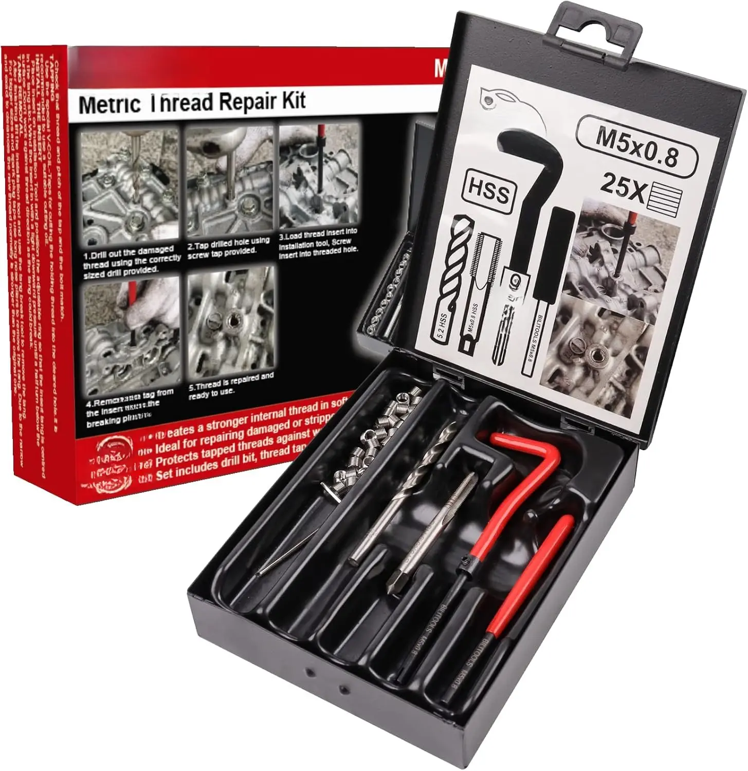 Metric M5x0.8 Thread Repair Kit, HSS Drill Helicoil Kit with 135° Apex Angle, 304 Stainless Steel Components for Automotive Use, Metric Compatibility Specialty Hand Tool, Composites