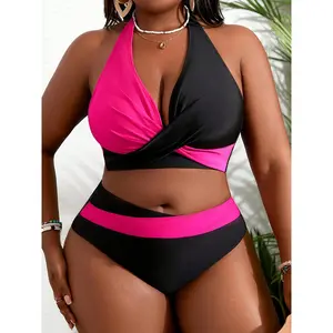 Plus Size Colorblock Two-Piece Swimsuit For Women – Stretchy Bathing Suit With Removable Pads, Casual Beachwear For Pool & Vacation