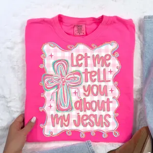 Comfort Colors Christian Coquette Shirt, Let Me Tell You About My Jesus Shirt, Girly Christian Cross, Preppy Bible Verse, Religious Bow Tee