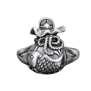 Vintage Thai Silver Koi Fish Ring – Adjustable Coin Charm Ring for Women,Boho Minimalist Jewelry Gift