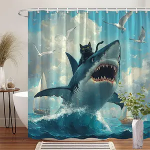 1Pc 2D Flat Funny Cat Riding Shark Shower Curtain Polyester Fabric Bathroom Decor Bathtub Partition Hanging Curtain 70.8x70.8 Inch with 12 Hooks Sea Ocean Theme Creative Artwork