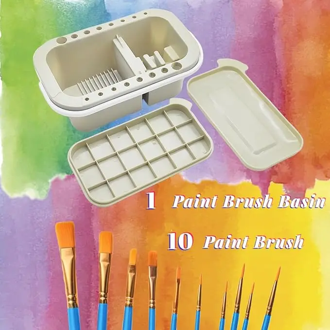  1pc Multipurpose 3-in-1 Artist Brush Holder & 10 PCS Paint Brushes, Pen Holder - Lightweight Plastic Brush Basin, Wash Bucket & Paint Tray for Acrylic, Watercolor, Oil Paint - Portable for Artists, Suitable for Gouache, Water-Based Paints tiktokshopspri