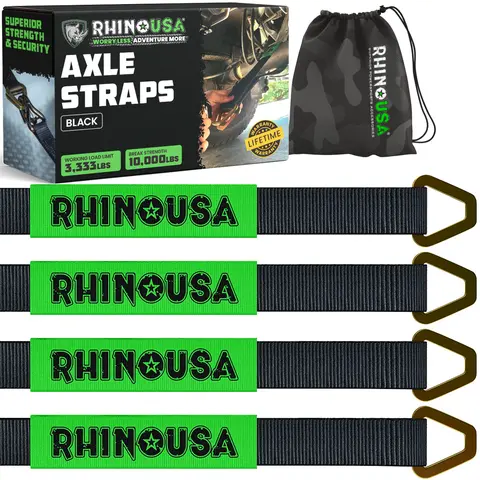 Rhino USA Axle Tie Down Straps, Lab Inspected 11,128lb Break Strength, Heavy Duty Protective Sleeve & D Ring for Car Engine Hoist, Truck & More 4 Pack