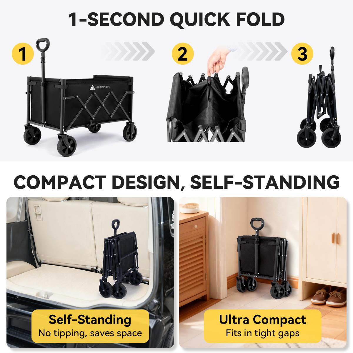 Hikenture Wagon Cart Foldable,Ultra-Compact Small Utility Folding Wagon,Heavy Duty Grocery Cart with All-Terrain Wheels,Portable Collapsible Wagon for Garden,Beach,Shopping,Camping,Sports
