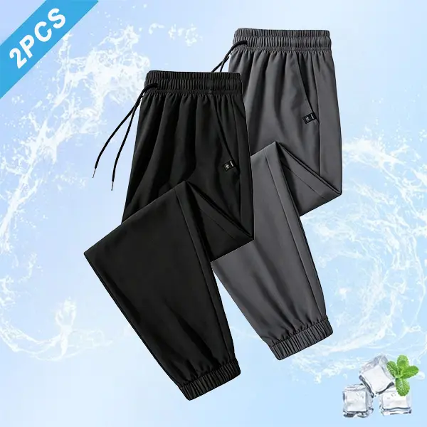 2-pack men’s ice silk cool-touch jogger pants, moisture-wicking fabric, elastic waistband + side pocket design, suitable for everyday casual wear, light exercise, and outdoor walks