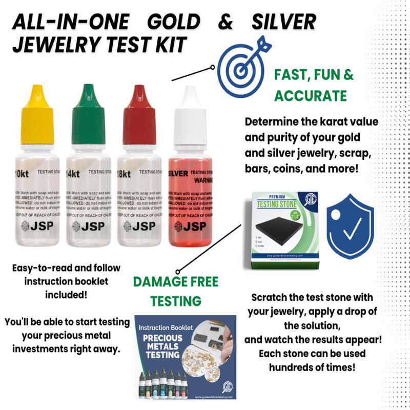 JSP Gold Silver Testing Acid Kit 10K 14K 18K Tester 6-Piece Set with GTE Scratch Test Stone for Authenticity Verification Easy-to-Use Solution