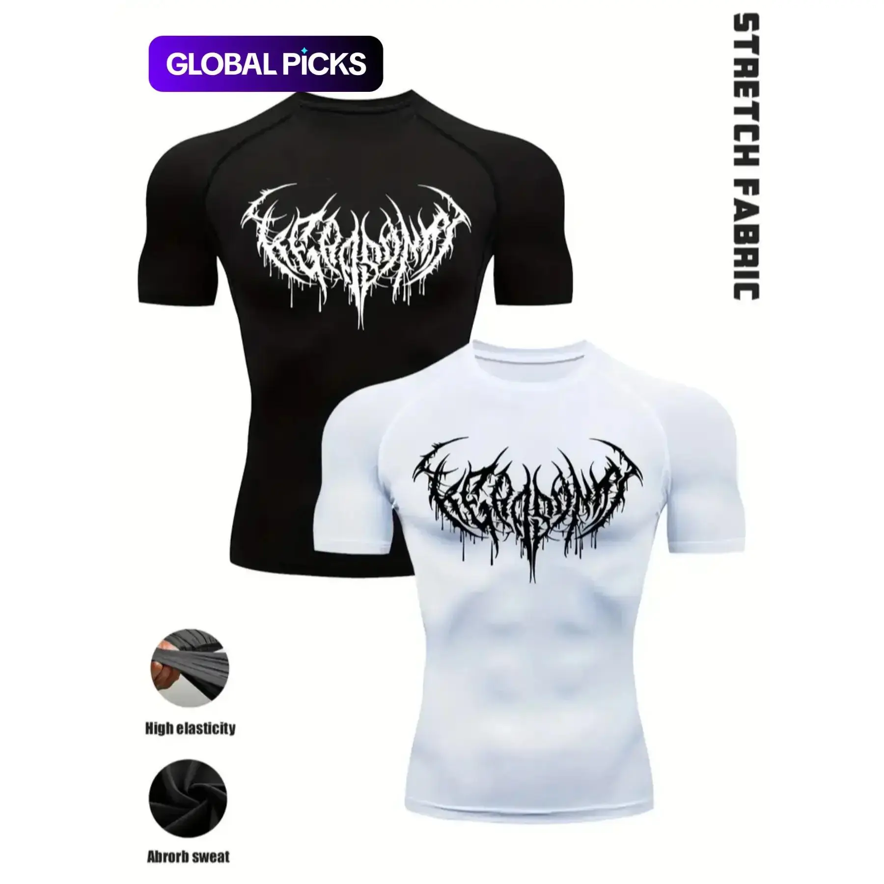 Men’s 2 Pack Gothic Workout T-Shirts, Cool Print Design, Stretch Fit Compression Shirts, Fitness Top, for Intense Training, Polyester Blend, Black White Set, Ideal for Gym, Strength Training, Streetwear & Casual Wear