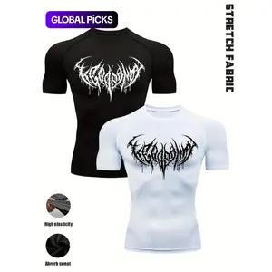 Men’s 2 Pack Gothic Workout T-Shirts, Cool Print Design, Stretch Fit Compression Shirts, Fitness Top, for Intense Training, Polyester Blend, Black White Set, Ideal for Gym, Strength Training, Streetwear & Casual Wear