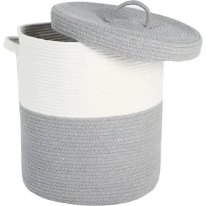 Extra Large Storage Basket with Lid 60L, 16"Wx18"H Woven Laundry Basket with Lid Cotton Laundry Basket, Wicker Basket Blankets Pillows Storage in Living Room Baby Nursery, Gray/White Mix with Lid