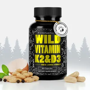 Wild Foods Vitamin k2 + D3 with Black Pepper Extract | Plant-Based, Non-GMO, Soy & Gluten-Free | Dietary Supplement | Made in USA | 60 Capsules