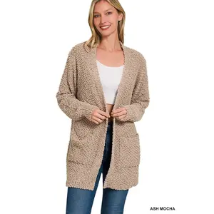 Ash Colored Long Sleeve Popcorn Sweater Cardigan with Pockets