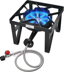 Propane Gas Outdoor Stove 185000 BTU High Pressure with Cast Iron Burner, Regulator and Hose Portable Camping Cooking Black