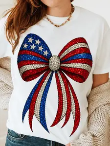 Imitation Crystal American Style Bowknot PNG, Red White Blue 4Th of July, Patriotic American Memorial Day Shirt Design 3 Letter Pattern, Trendy Short Sleeve T-Shirt, Letter Print T-Shirt, Regular Round Neck, Pure Comfortable Breathable Fabric