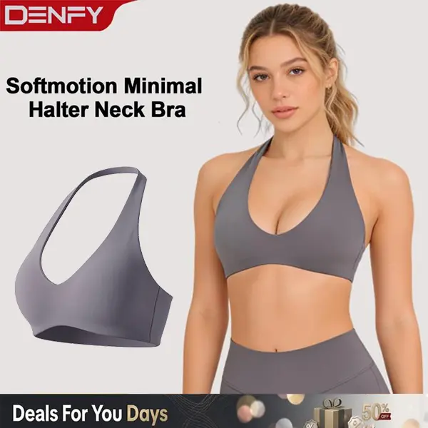 DENFY Softmotion Minimal Halter Neck Bralette for Women - Seamless Open Back Padded Low Impact Sports Bra Yoga Gym Everyday Activewear Tank Top