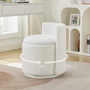 Velvet Vanity Chair with Storage, 360° Swivel Makeup Chair with Wave Back, No Assembly Small Accent Stool for Bedroom, Dressing, Living Room, White