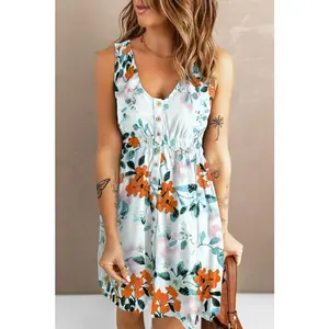 Floral Sleeveless Button Up Waist Mini Dress