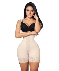 Open Bust Bodysuit Mid Thigh • Wide Straps • 3 Compression Hook Levels • Perineal Zipper • Beige  (O-013)