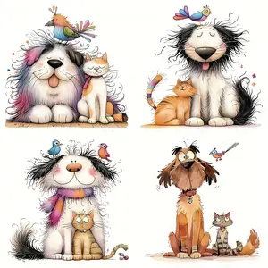 4-Piece Mixed Color Vinyl Anime Cartoon PVC Transfer Stickers, Fun Cat Dog Friendship Design, Ideal for DIY Craft T-Shirts & Backpacks