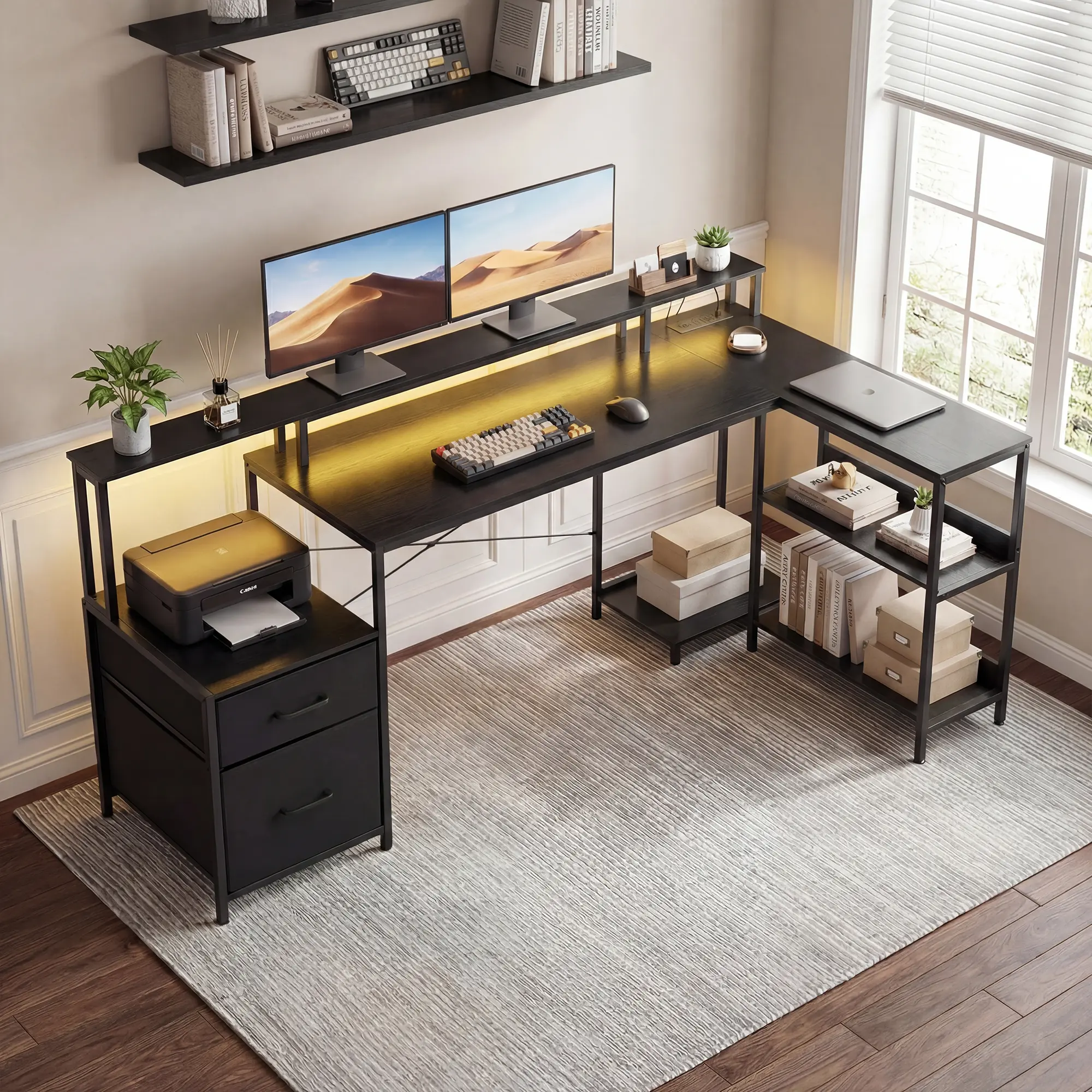 L-Shaped Office Desk with Storage Drawer and Shelf – Reversible L-Shaped Computer Gaming Desk with Power Outlet & LED Lights – Corner Workstation for Home Office & Gaming