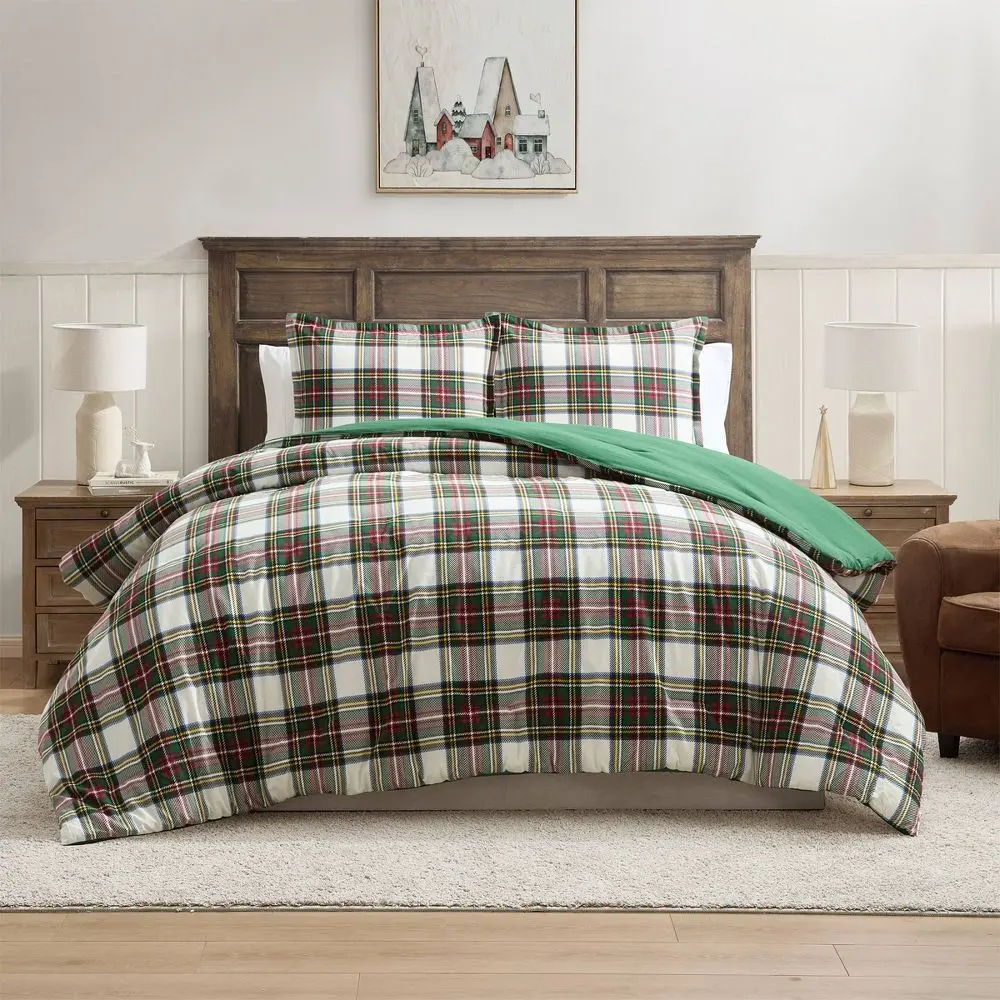 Hallmark Queen Flannel Plaid Comforter Set White Hallmark Queen Flannel Plaid Comforter Set White