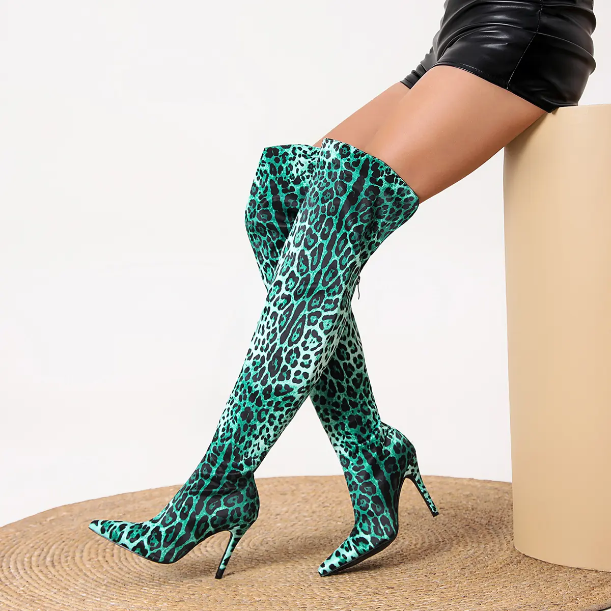 FEINLINA Women's Green Leopard Print Stretch Over-The-Knee Boots with Stiletto Heel & Pointed Toe Fashionable & Stylish TikTok Optimized north  40  outfitters boots for women