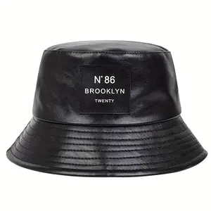 N°86 Brooklyn Twenty Trendy Bucket Hat Classic Label Patchwork PU Leather Adjustable Sunshade Fisherman's Cap for Women and Men Breathable Knitted Cotton