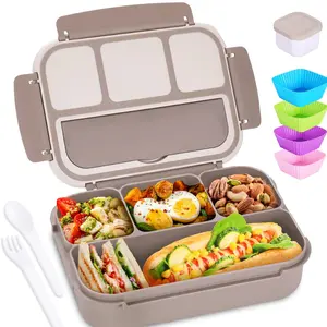 Bento Box Adult Lunch Box, Containers for Adults Men Women with 4 Compartments, Lunchable Food Container with Utensils, Sauce Jar, Muffin Liners Tableware