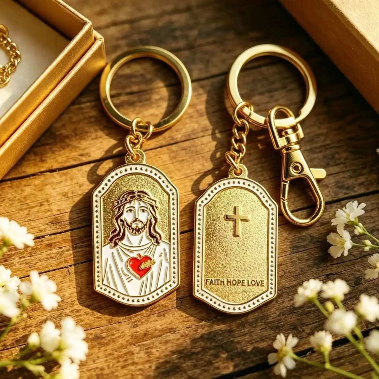 Catholic faith keychain featuring an image of Jesus, a durable and stylish accessory, an inspirational gift for baptism and communion, suitable for both men and women.