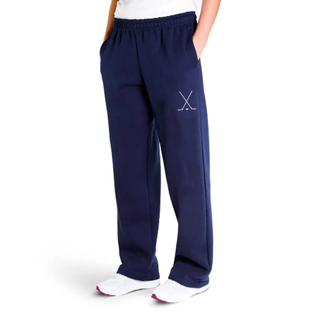Hockey Player Sweatpants in Soft Fleece Material, Unisex Athletic Style with Stick Graphic, Drawstring Waist and Pockets