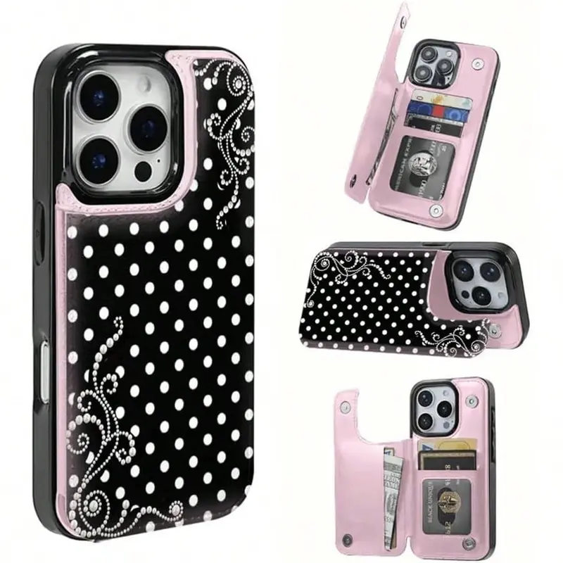 Leather Flip Wallet Smartphone Casing - 2D Pearl Polka Dot Playful Design, Gift-Ready Charm Accessory with Protection for iPhone 17 Pro Max/Air,16,15,14,13,12,11 & Samsung S22,S23,S24,S25, Ideal Christmas Gift for Boyfriends
