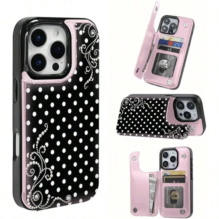 2D image Pearl Polka Dot Dream Patterned Card Holder Leather Case Is Compatible With IPhone 17 Pro Max/Air/16/15/14/13/12/11.For Samsung S22/S23/S24/25. It's An Ideal Gift For Christmas, Valentine's Day, And New Year's, Perfect For Boyfriends,