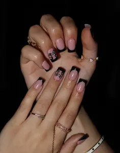 Sleek Black French Tip Press-On Nails with Chrome Bow - Sweet Talker, Date Night Ready, Reusable, Easy Apply, Peel & Press - Beauty Nail Art Decoration Accessory