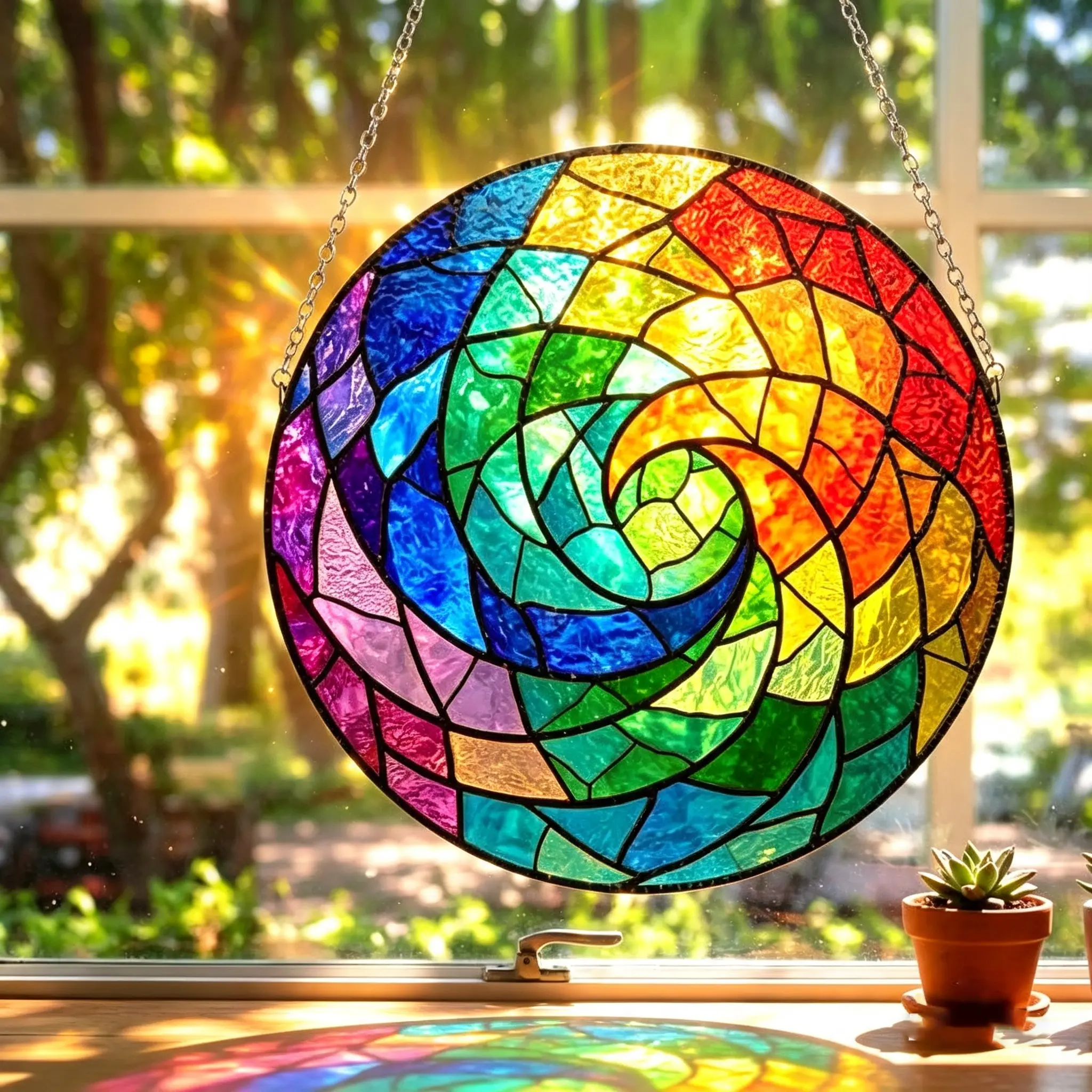 Rainbow Spiral Stained Glass Suncatcher, Colorful Geometric Window Hanging, Modern Abstract Sun Catcher, Vibrant Home Decor, Prism Light Art