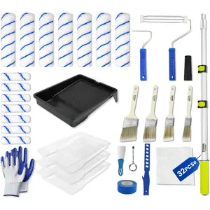 32PCS Paint Roller Kit with Extension Pole - 2 to 4 FT Pole, 4 inch 9 inch Paint Rollers, Paint Brushes for Walls, Painters Tape & Drop Cloth, Microfiber Roller Covers for Professional Painting