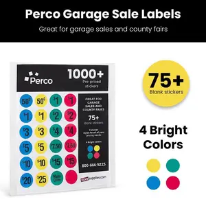 Perco Garage Sale Price Stickers - 1000 Pre-Priced & 75 Blank Stickers for Yard Sales Flea Markets County Fairs & Retail Use Easy-to-Read Bold Print