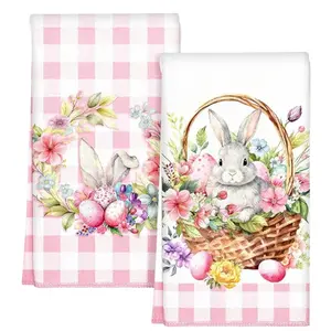 Easter Plaid Bunny & Basket Print Kitchen Towels, Dish Towels, 16x24 Inch Reusable, Home Cooking Baking Bathroom Cleaning Decor