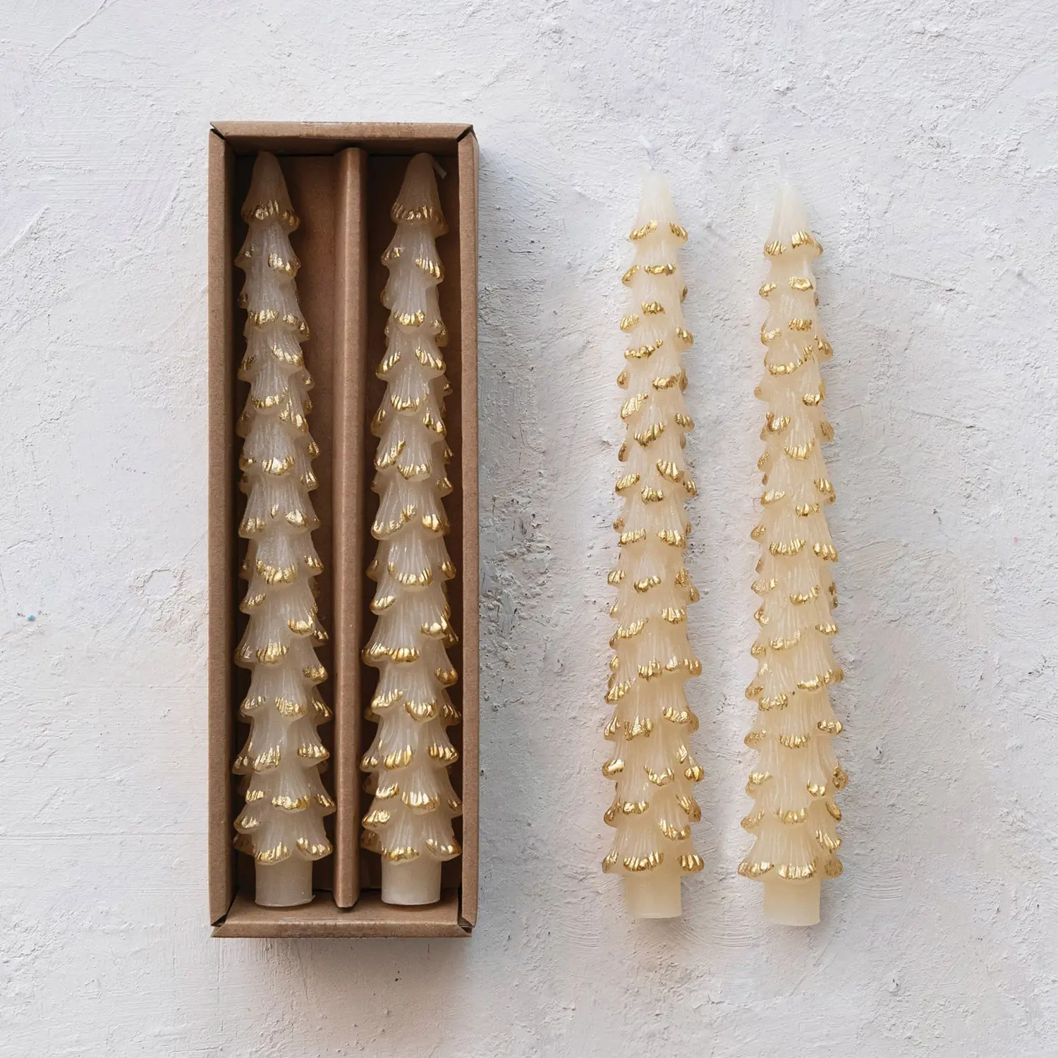 Unscented Cream Tree Shaped Taper Candles - Set of 2 - 10"H
