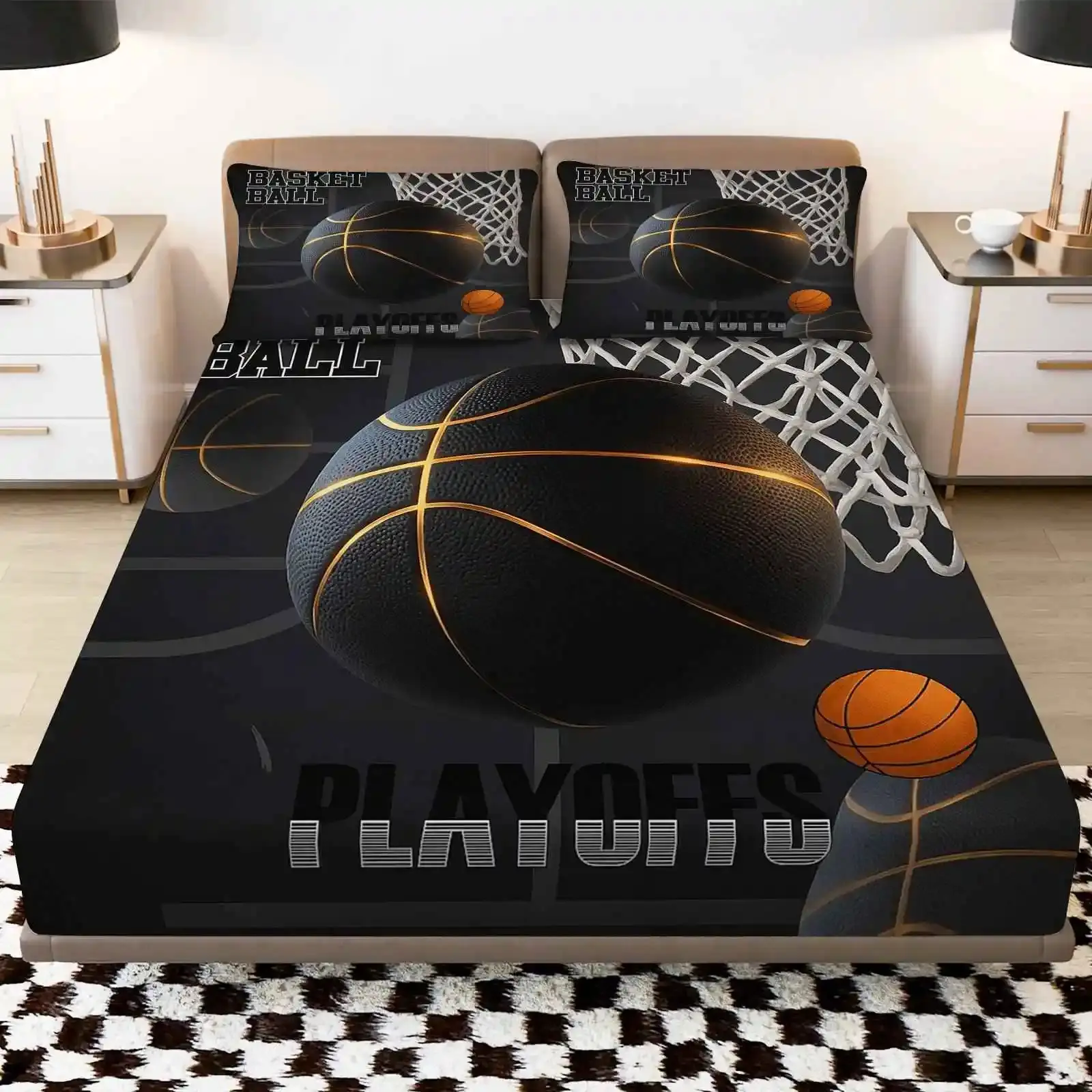 3-Piece Basketball Playoffs Hoop Bedding Set (1*Sheet + 2*Pillowcases, Core), Sports Theme, Competitive Bedding, Mattress Protector Soft, Breathable, Bedroom Decoration, Home Bedding, Sports Design, Themed Bedding, Durable Material, Breathable Fabric, Pil