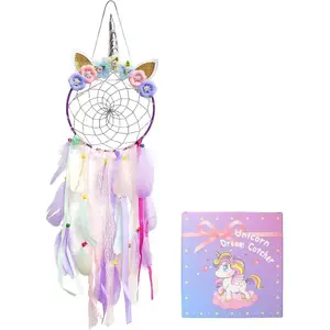 LED Lighted Up Unicorn Dream Catcher Wall Decor Colorful Feather Dreamcather Wall Hanging for Girls Bedroom Decoration Purple with Light