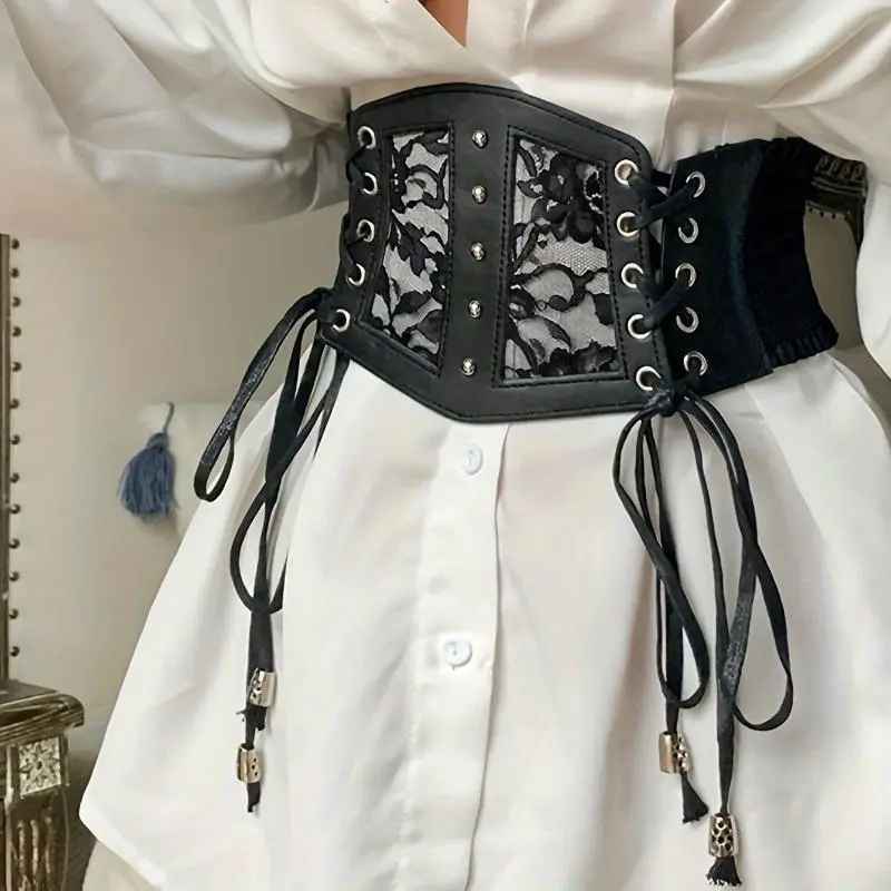 Women's Gothic Black Lace-Up Corset Belt - Sexy Hollow Waist Design, Versatile for Daily Wear, Academic & Casual Styles