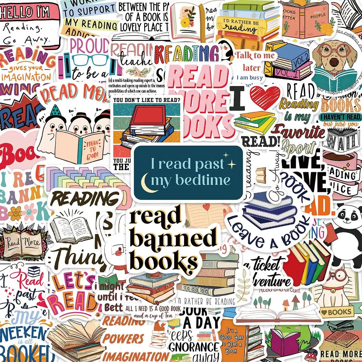 Reading Themed Sticker, 50pcs/set Cartoon Book Pattern Sticker, Room Decor, Decorative Sticker for Phone Case, Computer, Guitar, Bag, Water Cup, Scrap