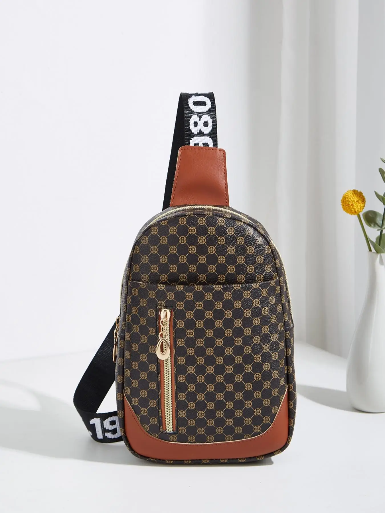 Men's Fashion Fully Printed Zipper Waist Bag, Retro Geometric Pattern Pu Leather Chest Bag with Adjustable Wide Shoulder Strap, Outdoor Sports Mobile