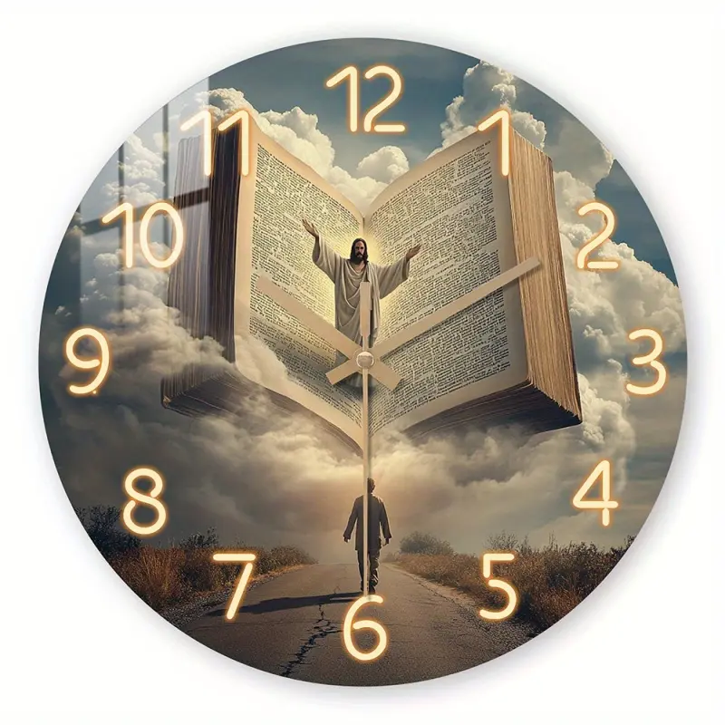 1 glass wall clock, religious theme - tempered film silent clock with a scene of Jesus appearing from an open book, suitable for living room, bedroom, home decoration, a meaningful gift for special holidays, does not include AA batteries