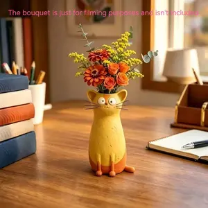 Cute Cartoon Cat Resin Vase Figurine, Funny Big-Eye Cat Flower Planter, Kawaii Animal Desktop Decor for Home Bedroom Living Room