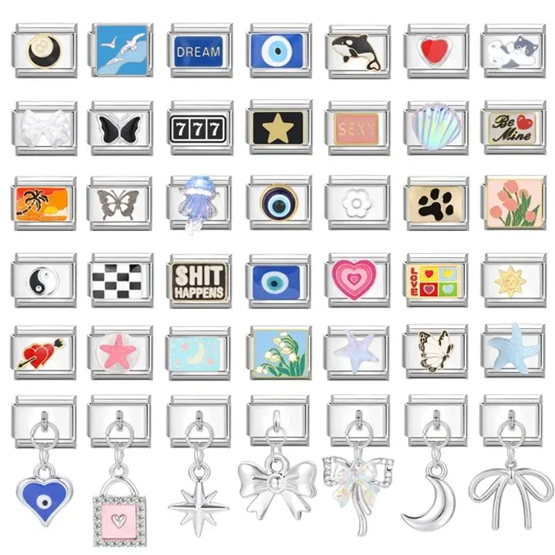 FASHION4U - Fashion Devil Eyes Cats Tai Chi Heart Star Flowers Italian Charm Links Stainless Steel Fit 9mm Bracelet Jewelry Diy Making Gifts