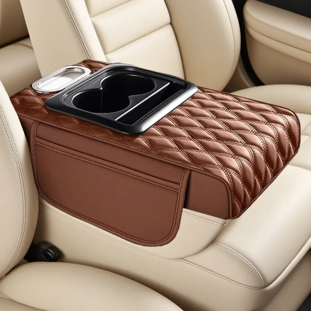 PU Leather Compact Car Glove Compartment & Center Console Armrest Heightening Pad - Water-Resistant, Wear-Resistant Accessory with Cup Holder, Paper Towel Box, Small Item Storage (Fits into Car)